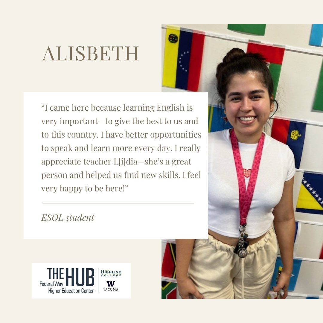 Alisbeth: “I came here because learning English is very important—to give the best to us and to this country. I have better opportunities to speak and learn more every day. I really appreciate teacher L[i]dia—she’s a great person and helped us find new skills. I feel very happy to be here!”
