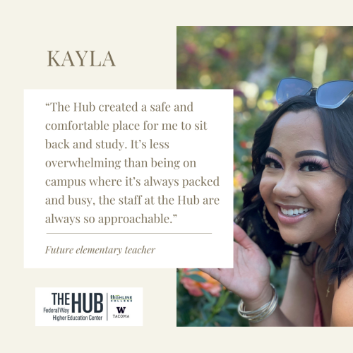 Kayla: “The Hub created a safe and comfortable place for me to sit back and study. It’s less overwhelming than being on campus where it’s always packed and busy, the staff at the Hub are always so approachable.”