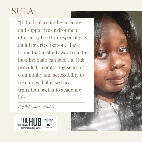 Sula: “[I] find solace in the intimate and supportive environment offered by the Hub, especially as an introverted person. I have found that nestled away from the bustling main campus, the Hub provided a comforting sense of community and accessibility to resources that eased my transition back into academic life.”