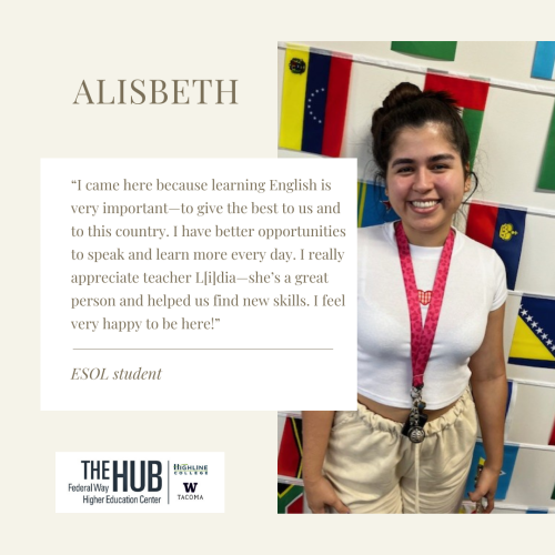 Alisbeth: “I came here because learning English is very important—to give the best to us and to this country. I have better opportunities to speak and learn more every day. I really appreciate teacher L[i]dia—she’s a great person and helped us find new skills. I feel very happy to be here!”